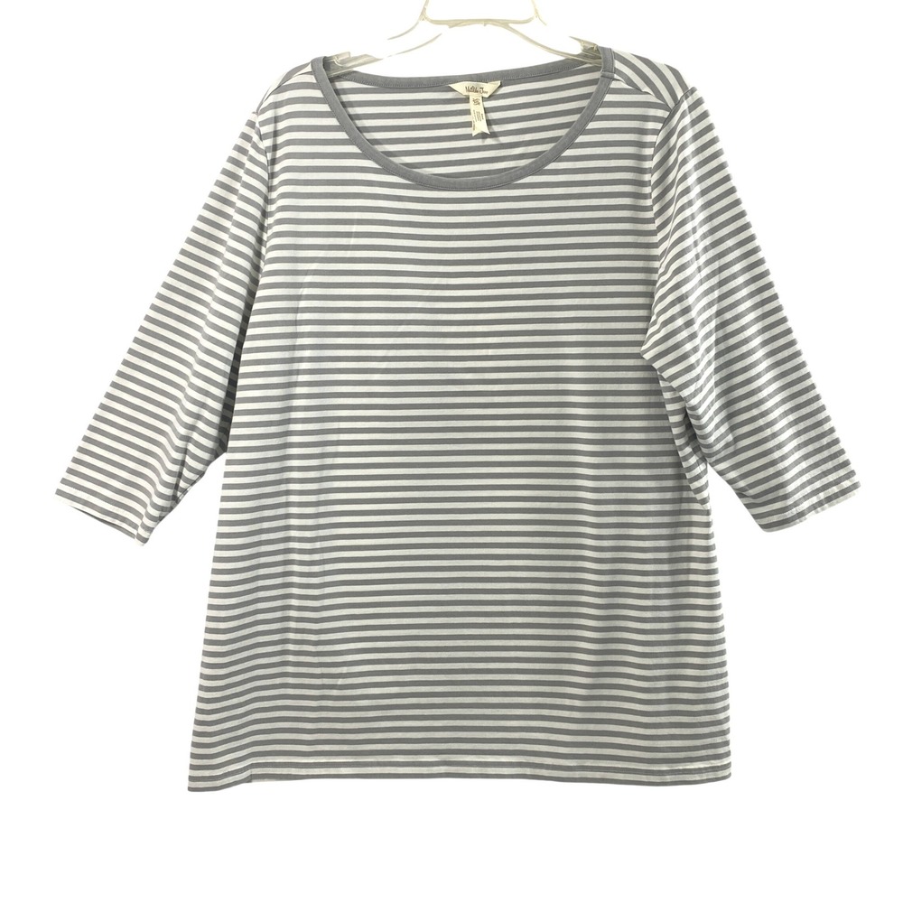 Matilda Jane Top Women XXL Coastal Nautical Grey White Stripe 3/4 Sleeve T Shirt